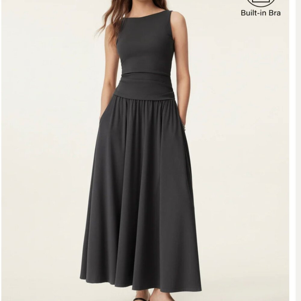 OGL Move 2Pcs Set Stretch Cotton Boatneck Tank & Maxi Skirt with Pockets